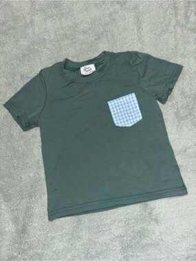 Children's Green Tee with Blue Gingham Pocket